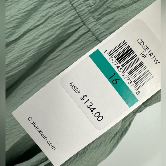 Calvin Klein Gauzy Mint Green Tie Waist Tiered Hem V Neck Dress Sz 16 - Picture 2 of 5